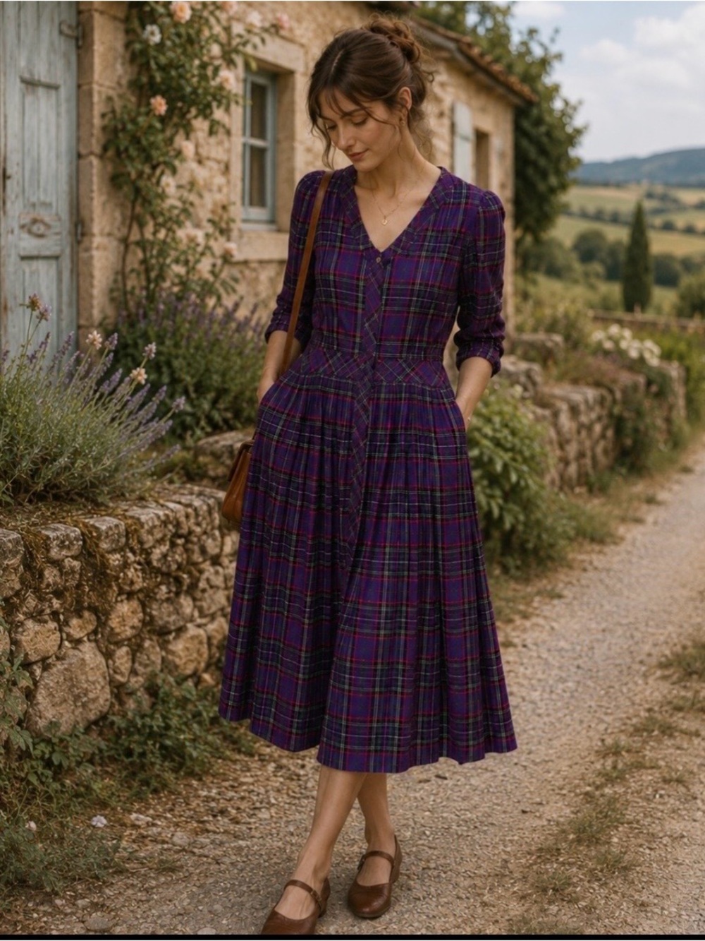 Vintage 80s Eileen West Purple Tartan Plaid Pleated Maxi Dress NWOT Small - Picture 3 of 16